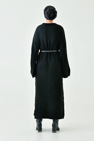 vuvutasarım Crew Neck Off Shoulder Sleeve Long Sleeve Belted Midi Size Oversize Black Knitwear Hijab Dress 4097