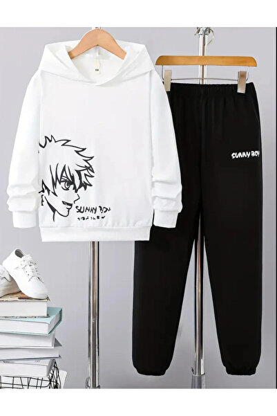 SİNSER TEKS Erkek Çocuk Beyaz Kapüşonlu Sunny Boy Baskılı Eşofman Takımı