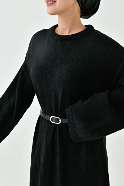 vuvutasarım Crew Neck Off Shoulder Sleeve Long Sleeve Belted Midi Size Oversize Black Knitwear Hijab Dress 4097
