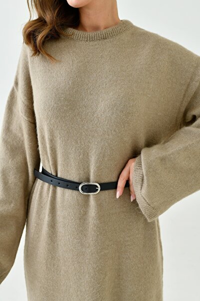 bayansepeti Mink Knitwear Midi Dress - Crew Neck, Off-Shoulder, Long Sleeve and Belt 4097