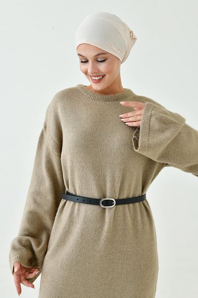 vuvutasarım Crew Neck Off Shoulder Sleeve Long Sleeve Belted Midi Size Oversize Mink Knitwear Hijab Dress 4097