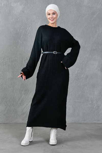 bayansepeti Modest Crew Neck Off Shoulder Long Sleeve with Belt Oversize Fit Black Knitwear Hijab Dress 4097