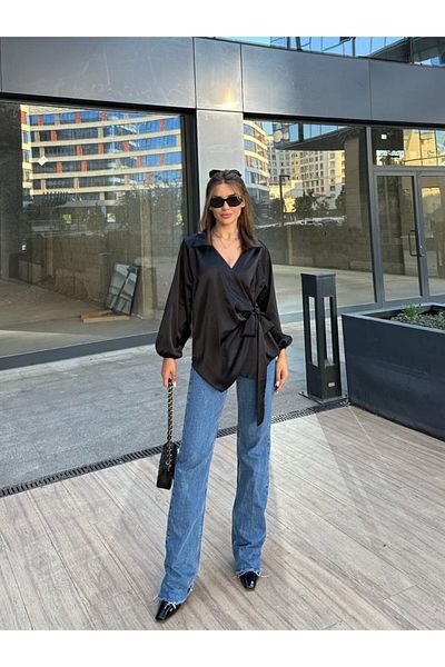 ubmbutik Bluză de damă - Model Zra - Bluză din satin cu guler cămașă cu cravată laterală