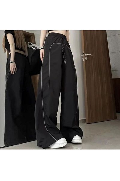 EDVESS Black Y2k Baggy Parachute Pants - New Trend with Stripe Detail