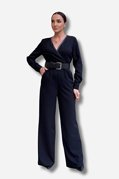 MODATALİKA Modatalika Kadın Kruvaze Yaka Deri Biye Detaylı Kemerli Krep Bol Paça Tasarım Tulum