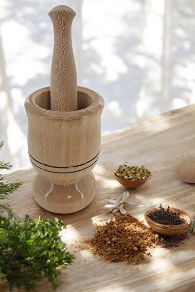 küche&haus Ahşap Havan El Yapımı Baharat Sarımsak Kuruyemiş Ezici Gürgen Ağacı