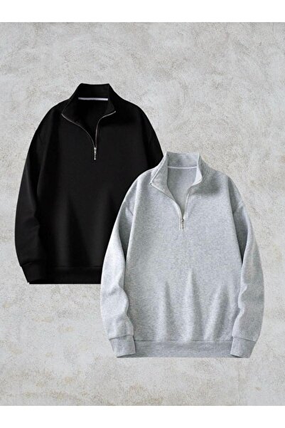 S&A DESIGN 2-Piece Stand Collar Zippered Oversize Unisex Sweatshirt Black Gray