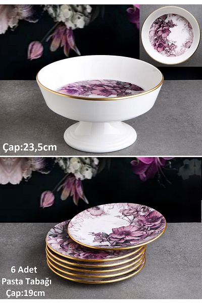 Pinkev Petunia Ceramic Cake Plate Set for 6 People with Fruit Pot - Kup109P