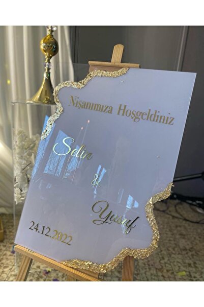 Yalova Design Düğün Nişan Şeffaf Pleksi Üzeri Beyaz  Gold Detaylı Karşılama P...