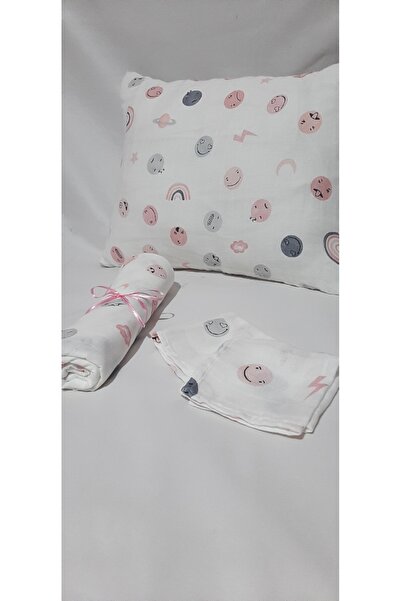 Amineli Çok Amaçlı%100 Pamuk Set Müslin Örtü Emoji 100x100 Cm Müslin Bez Müsl...