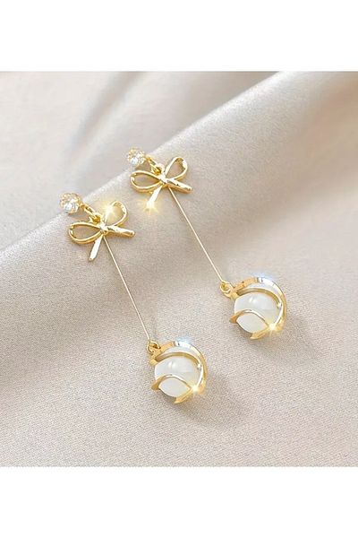 Aksesuar Stoned Gold Colored Long Dangle Stylish Bow Wedding Evening Dress Earrings