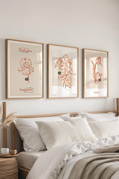 Postifull Çerçeveli Tablo Seti, 3 Adet Ahşap Çerçeve ve Minimalist Botanik Te...