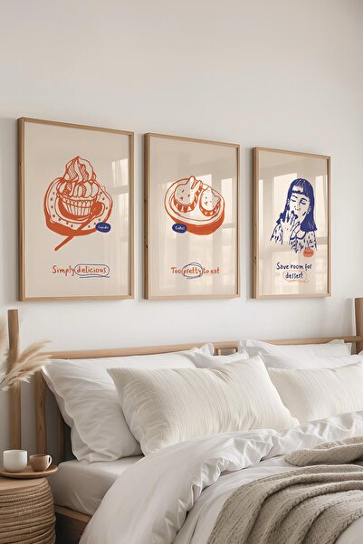 Postifull Çerçeveli Tablo Seti, 3 Adet Ahşap Çerçeve ve Minimalist Yemek Tema...