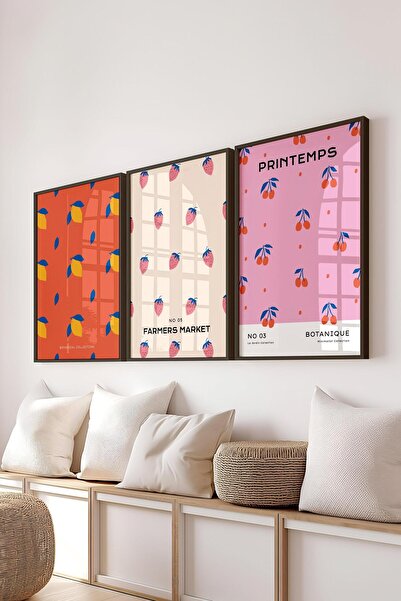 Postifull Çerçeveli Tablo Seti, 3 Adet Siyah Çerçeve ve Pastel Temalı Poster Seti, Duvar Tablosu No:300452
