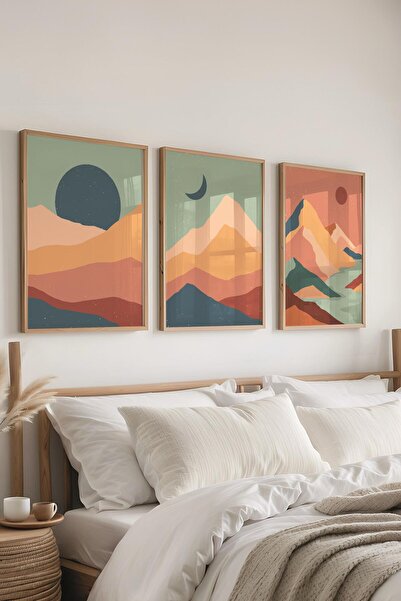 Postifull Çerçeveli Tablo Seti, 3 Adet Ahşap Çerçeve ve Boho Temalı Poster Se...