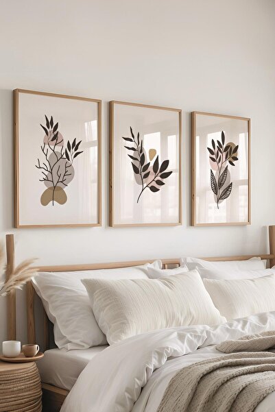 Postifull Çerçeveli Tablo Seti, 3 Adet Ahşap Çerçeve ve Soyut Botanik Temalı ...