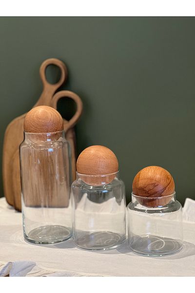 may home design Set of 3 Glass Jars with Wooden Ball Lids