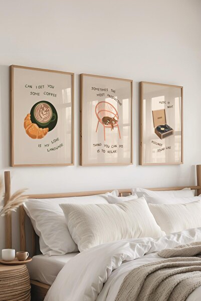 Postifull Çerçeveli Tablo Seti, 3 Adet Ahşap Çerçeve ve Minimalist Çizim Temalı Poster Seti, No:300531