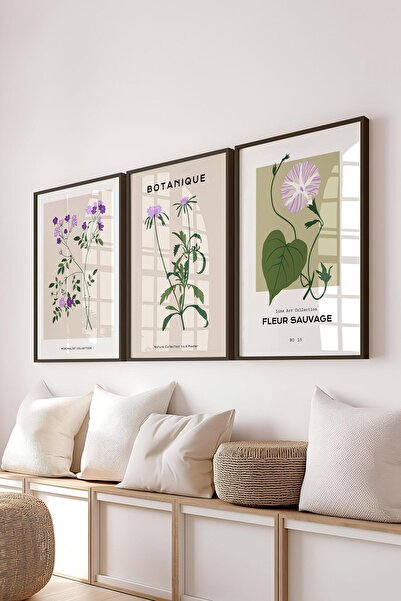 Postifull Çerçeveli Tablo Seti, 3 Adet Siyah Çerçeve ve Minimalist Çiçekler Temalı Poster Seti, No:300486