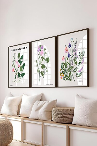 Postifull Çerçeveli Tablo Seti, 3 Adet Siyah Çerçeve ve Minimalist Botanik Te...