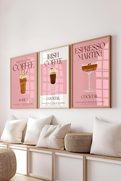 Postifull Çerçeveli Tablo Seti, 3 Adet Ahşap Çerçeve ve Kokteyl Çizim Temalı Poster Seti, No:300538