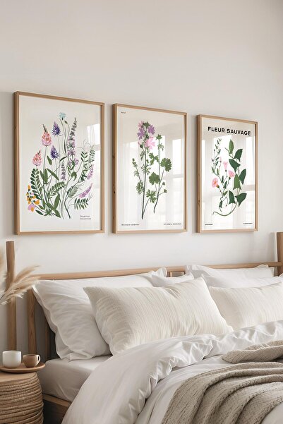 Postifull Çerçeveli Tablo Seti, 3 Adet Ahşap Çerçeve ve Minimalist Botanik Te...