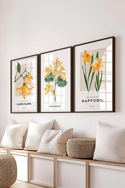 Postifull Çerçeveli Tablo Seti, 3 Adet Siyah Çerçeve ve Minimalist Botanik Te...