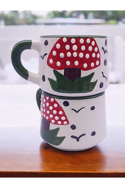 sharp&art 6-Piece or 2-Piece Natural Patterned Large Size Coffee and Tea Cup Set - 100% Hand Embroidered