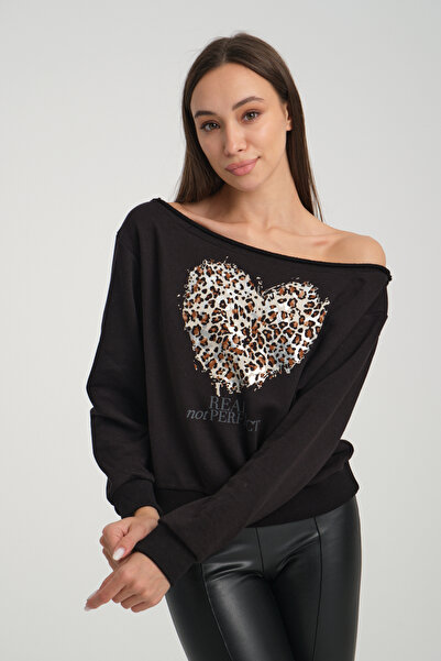 jöns since 1997 Дамски къс суитшърт с лодка деколте и леопардов щампа, сезонен