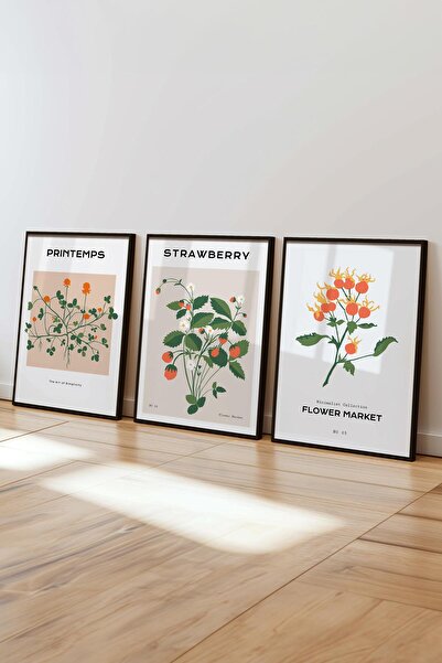 Postifull Çerçeveli Tablo Seti, 3 Adet Siyah Çerçeve ve Minimalist Çiçekler  Temalı Poster Seti, No:300483
