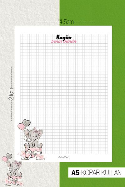 SelisCraft Cute Elephant Patterned Checkered Notepad 01 Daily Planner, Notebook, To Do List, Notepad, Agenda