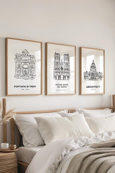 Postifull Çerçeveli Tablo Seti, 3 Adet Ahşap Çerçeve ve Minimalist Çizim Tema...