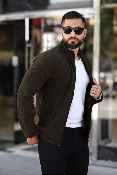 Butik Ανδρικό μπουφάν Khaki Fleece - Με πλήρες φερμουάρ και τρεις τσέπες