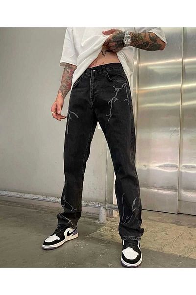 phantom jns by sekman Dark Gray Lightning Patterned Baggy Fit Denim Oversize Trousers - Phantom Jeans Street Style