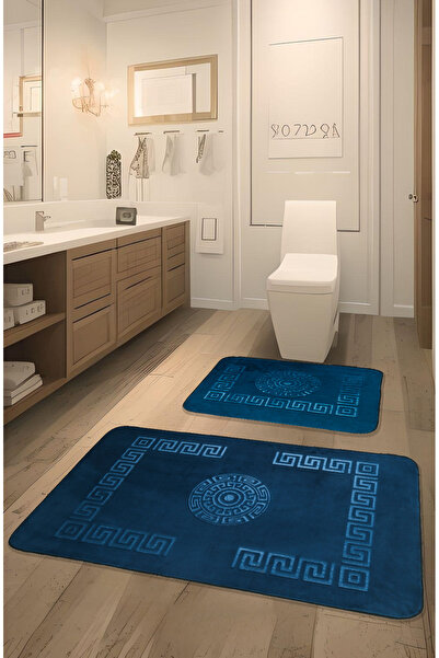 FeelHome Simav Deluxe Нековзна підлога, м'яка, поглинаюча 2-х секційна розкішна килимок для ванної кімнати з принтом, синій