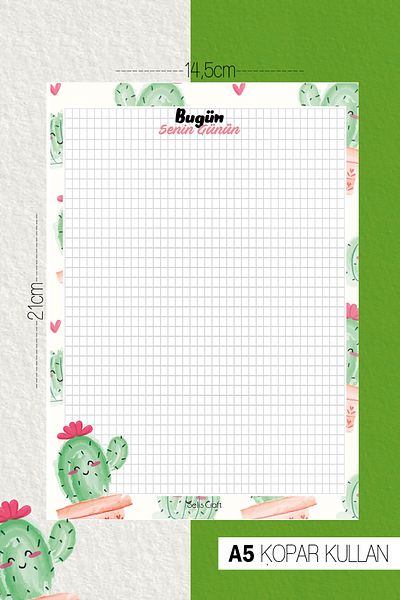 SelisCraft Cute Cactus Checkered Notepad 01 Planificator zilnic, caiet, listă de activități, blocnotes, agenda