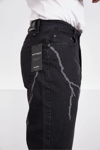 phantom jns by sekman Baggy Fit Şimşek/yıldırım Desenli Koyu Gri Kot Pantolon Denim Oversize Phantom Jeans Sokak Stili