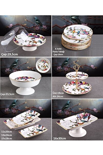 Pinkev Flora 14 Parça Seramik Meyvelikli Pasta Sunum Tabağı Kombin Set - Kup103f