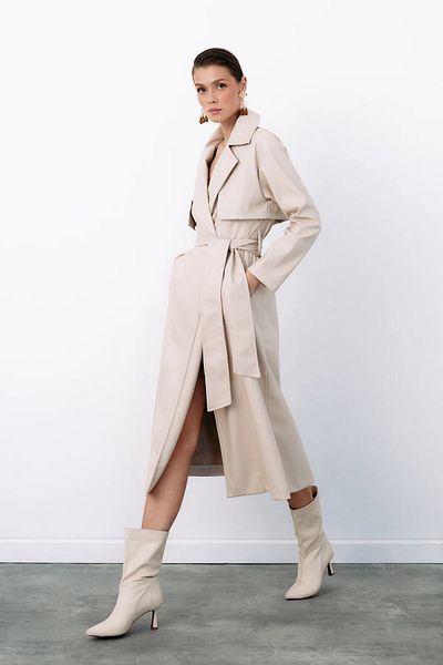 SMTFASHION Stone Color Long Belted Leather Trench Coat