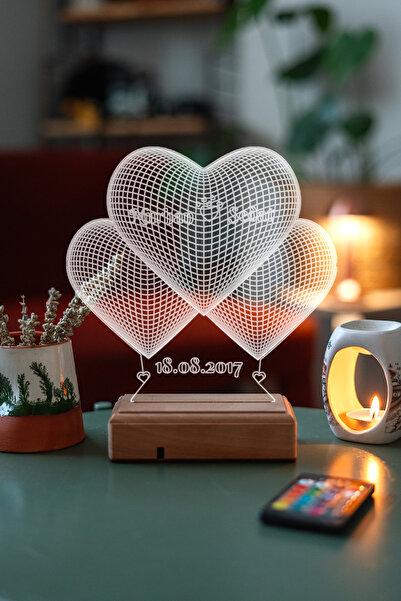 Modiwa Design Sevgiliye Hediye 3 Kalp İsimli 16 Renkli Kumandalı Gece Lambası