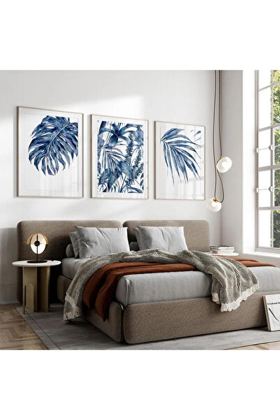 Linacci Set de trei tablouri din sticlă cu frunze albastre închise cu cadru metalic subțire alb