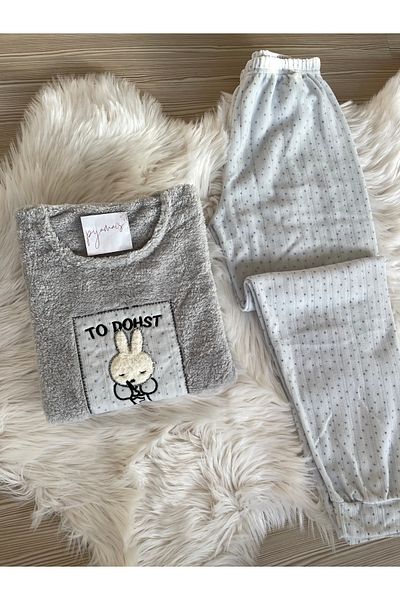 Pijamacs Set de pijamale din lână cu model iepure gri