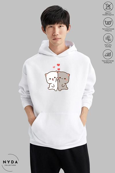 Nyda Collections Φούτερ Unisex με μακρυμάνικη καρδιά με στάμπα - Βαμβακερή κουκούλα Oversize