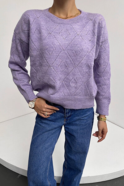 bacc Women's Lilac Crew Neck Diamond Patterned Knitwear Sweater Bc24A1001