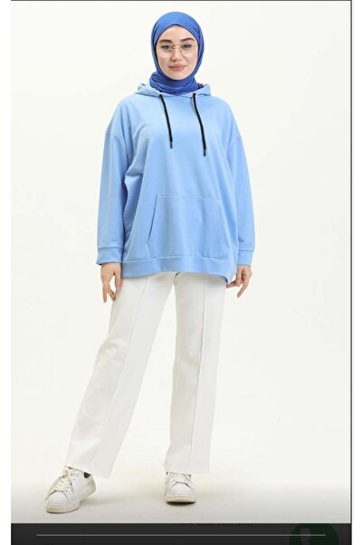 SUSEEMODA Kapüşonlu Uzun Sweat Mavi