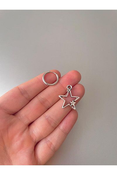 Jaida Moda Unisex Silver Double Star Dangle Steel Hoop Earrings