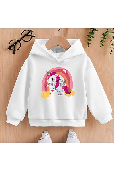 CDA Unicorn cu păr roz unisex fetiță băiat alb hanorac