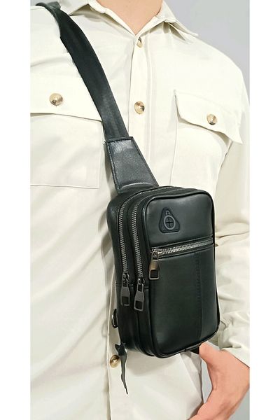 NahitaTyana Rucsac de umăr și geantă de umăr pentru bărbați din piele naturală Culoare neagră