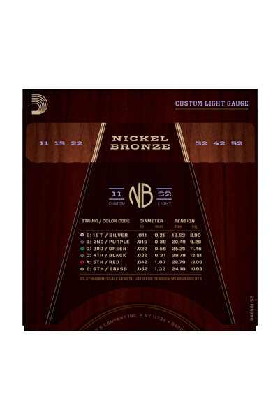 Daddario Daddarıo nb1152 acoustic guitar string set, nickel bronze, custom-lite