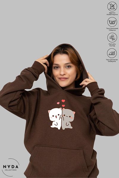 Nyda Collections Φούτερ Unisex με μακρυμάνικη καρδιά με στάμπα - Βαμβακερή κουκούλα Oversize